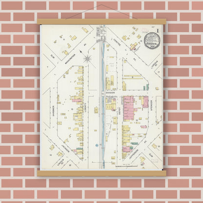 Old map wall art mockup — magnetic wood frame on brick wall — Sanborn Fire Insurance Map from Gardner, Grundy County, Illinois (1892), Sheet #0001
