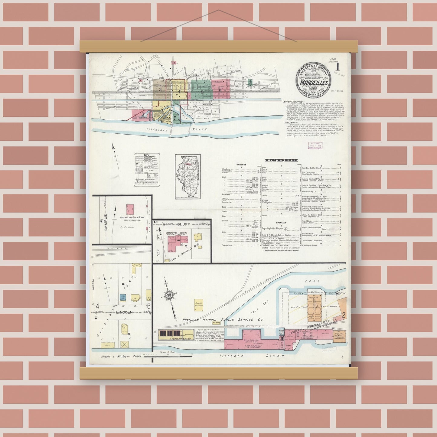 Old map wall art mockup — magnetic wood frame on brick wall — Sanborn Fire Insurance Map from Marseilles, La Salle County, Illinois (1913) - Complete Map Set