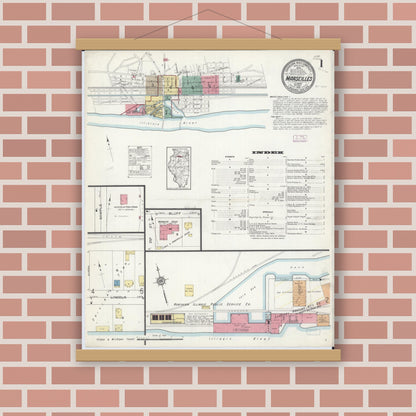 Old map wall art mockup — magnetic wood frame on brick wall — Sanborn Fire Insurance Map from Marseilles, La Salle County, Illinois (1913) - Complete Map Set