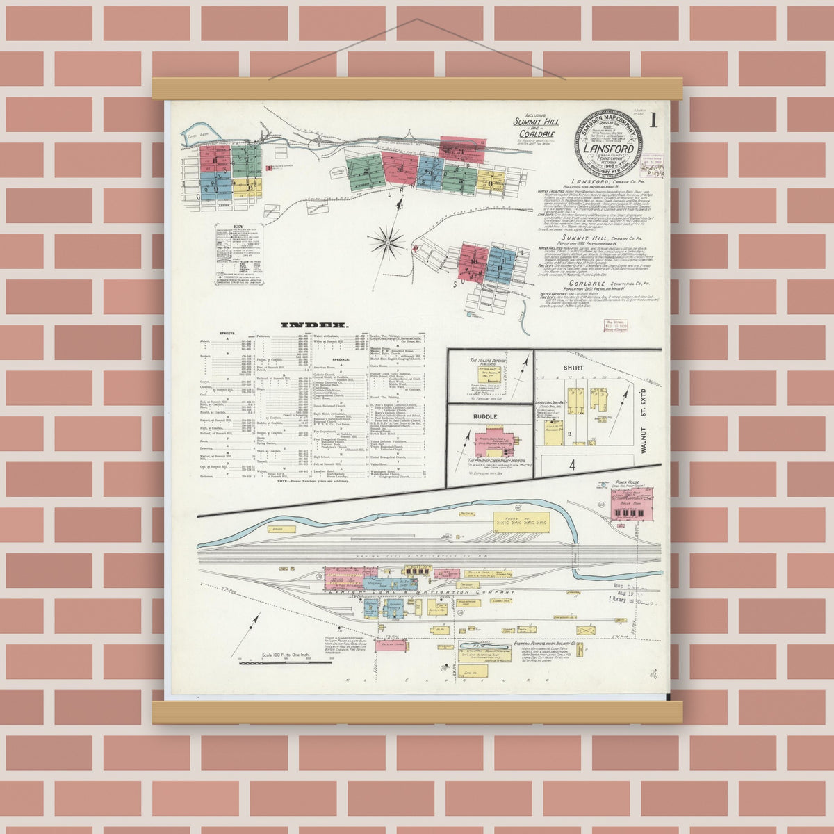 Old map wall art mockup — magnetic wood frame on brick wall — Sanborn Fire Insurance Map from Lansford, Carbon County, Pennsylvania (1908) - Complete Map Set