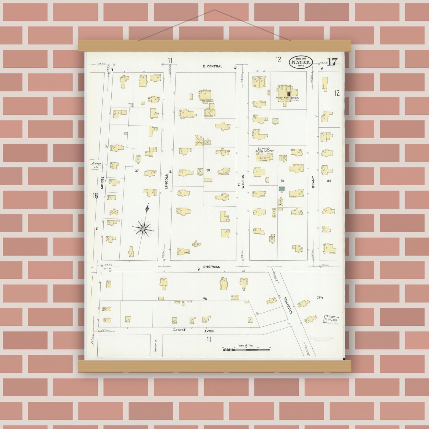 Old map wall art mockup — magnetic wood frame on brick wall — Sanborn Fire Insurance Map from Natick, Middlesex County, Massachusetts (1909), Sheet #0017