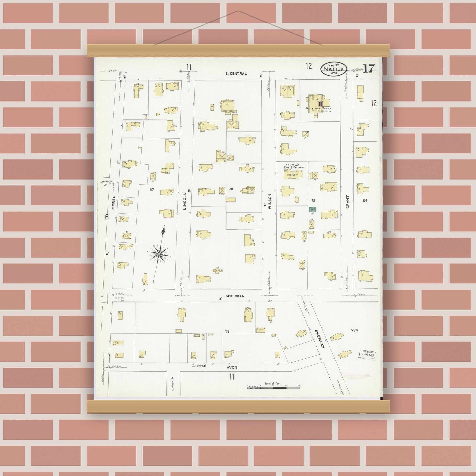 Old map wall art mockup — magnetic wood frame on brick wall — Sanborn Fire Insurance Map from Natick, Middlesex County, Massachusetts (1909), Sheet #0017