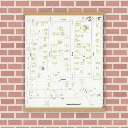 Old map wall art mockup — magnetic wood frame on brick wall — Sanborn Fire Insurance Map from Natick, Middlesex County, Massachusetts (1909), Sheet #0017
