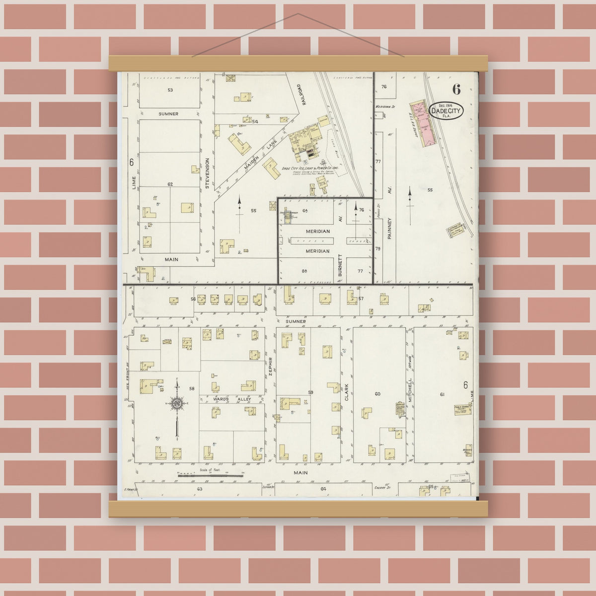 Old map wall art mockup — magnetic wood frame on brick wall — Sanborn Fire Insurance Map from Dade City, Pasco County, Florida (1914), Sheet #0006