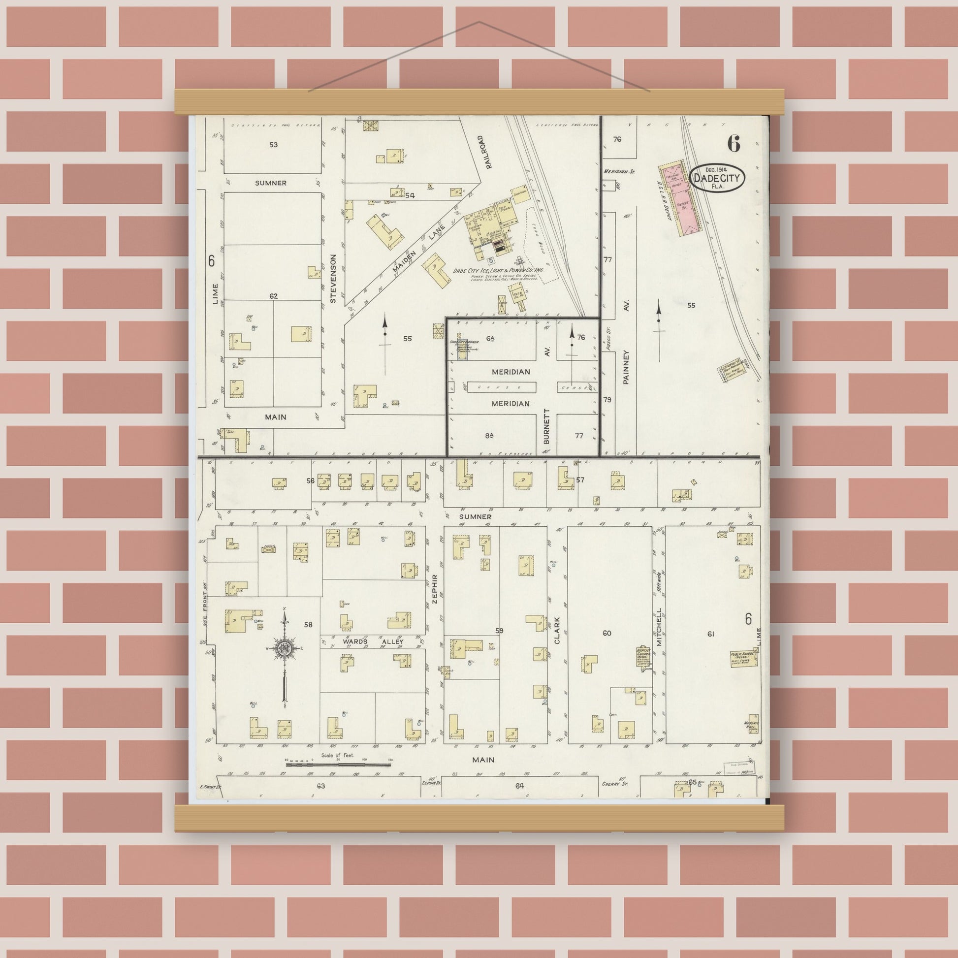 Old map wall art mockup — magnetic wood frame on brick wall — Sanborn Fire Insurance Map from Dade City, Pasco County, Florida (1914), Sheet #0006