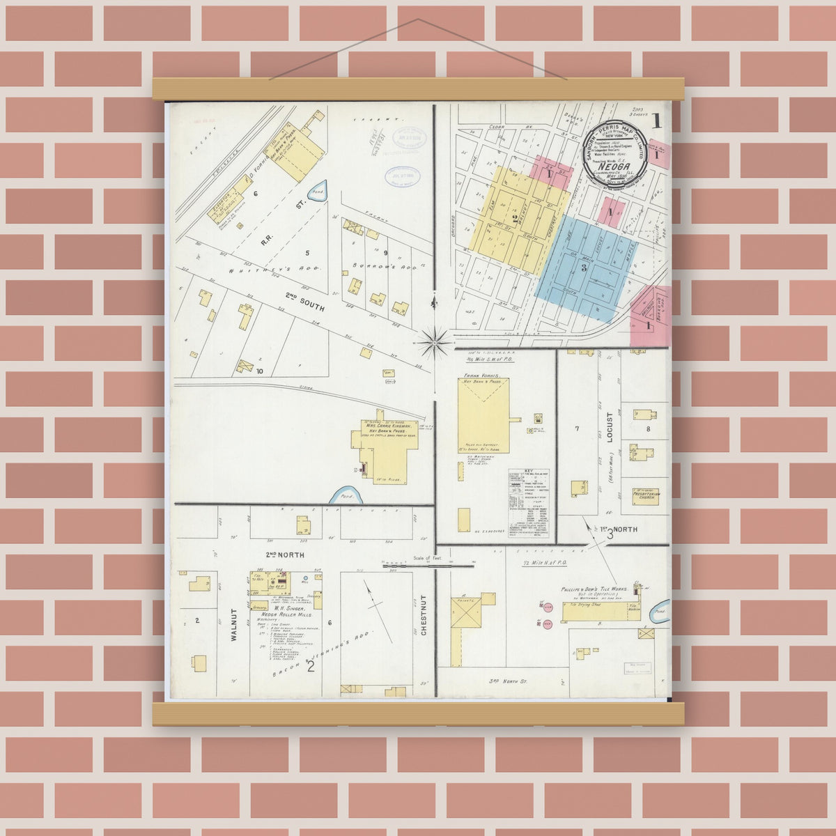 Old map wall art mockup — magnetic wood frame on brick wall — Sanborn Fire Insurance Map from Neoga, Cumberland County, Illinois (1898) - Complete Map Set