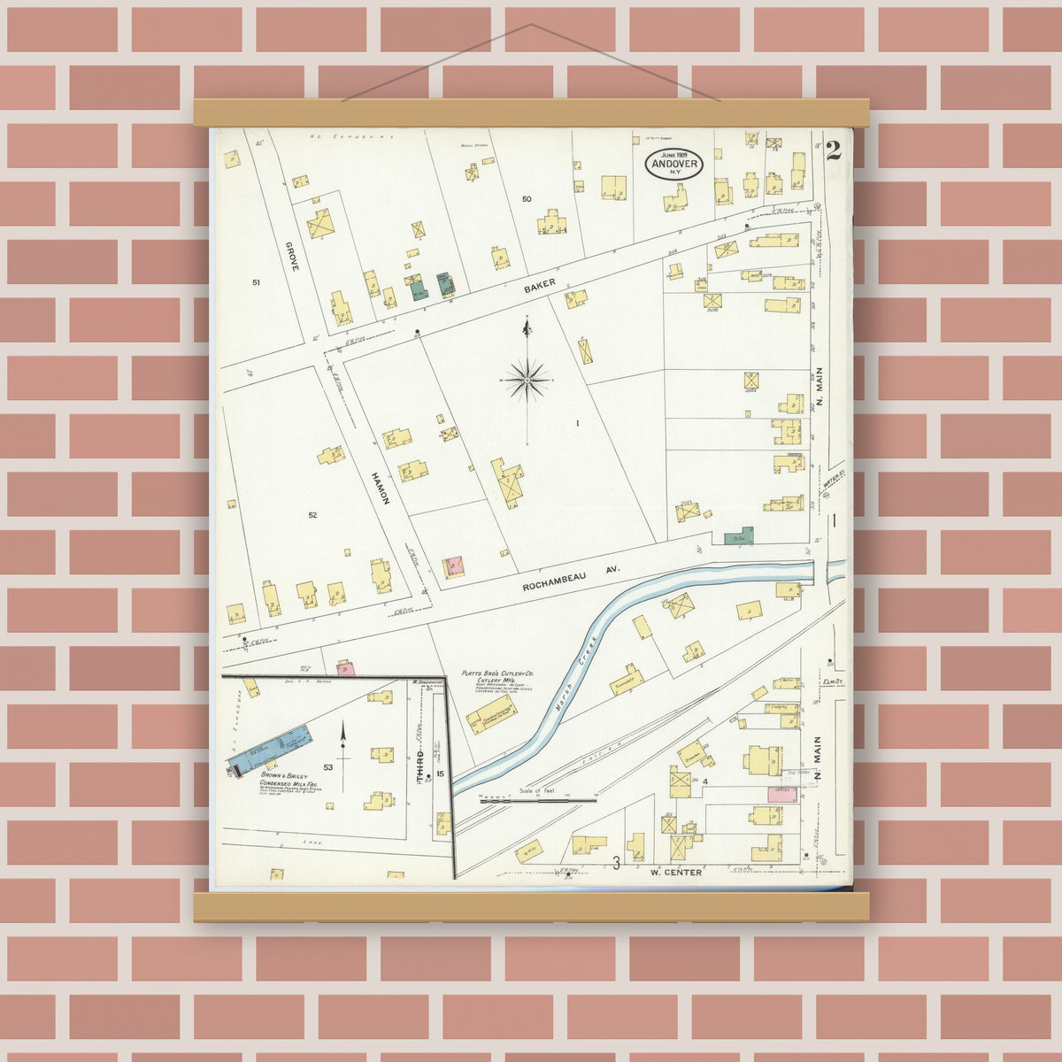 Old map wall art mockup — magnetic wood frame on brick wall — Sanborn Fire Insurance Map from Andover, Allegany County, New York (1909), Sheet #0002