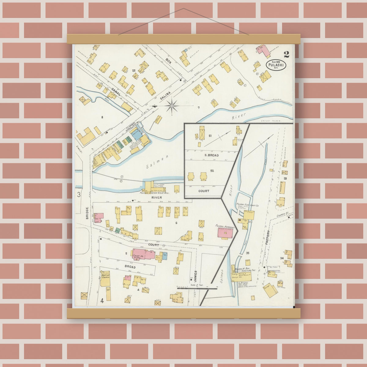 Old map wall art mockup — magnetic wood frame on brick wall — Sanborn Fire Insurance Map from Pulaski, Oswego County, New York (1898), Sheet #0002