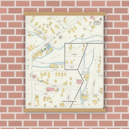 Old map wall art mockup — magnetic wood frame on brick wall — Sanborn Fire Insurance Map from Pulaski, Oswego County, New York (1898), Sheet #0002