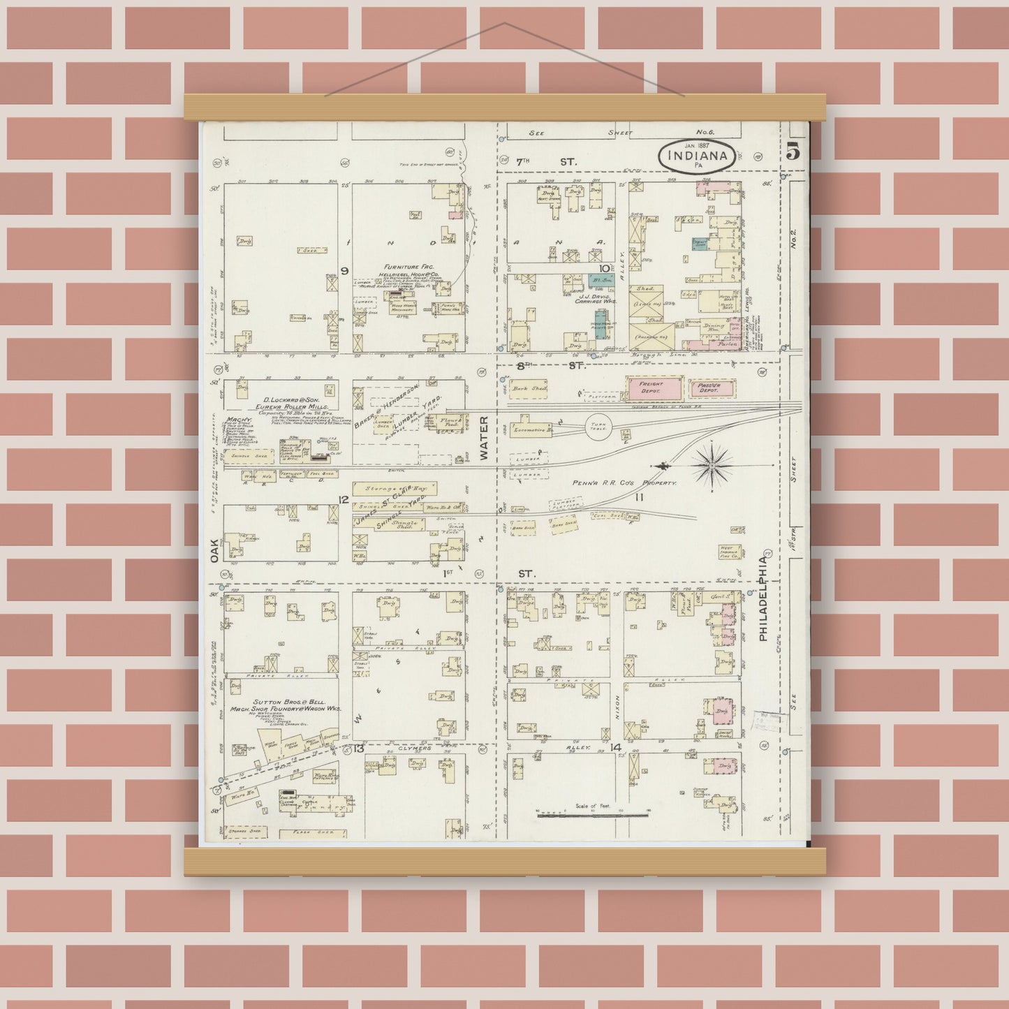 Old map wall art mockup — magnetic wood frame on brick wall — Sanborn Fire Insurance Map from Indiana, Indiana County, Pennsylvania (1887), Sheet #0005