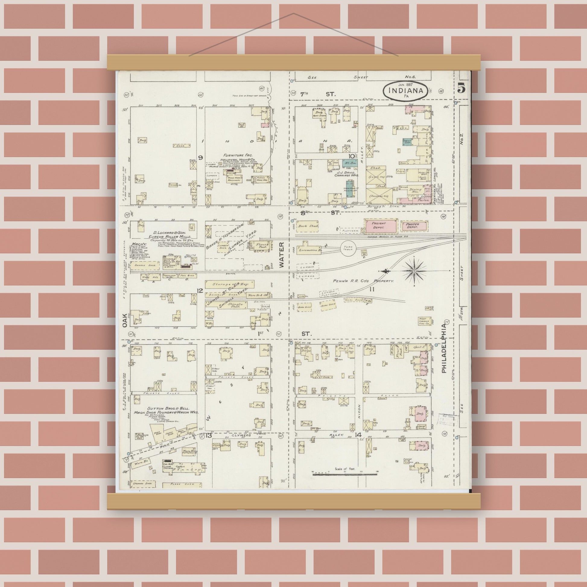 Old map wall art mockup — magnetic wood frame on brick wall — Sanborn Fire Insurance Map from Indiana, Indiana County, Pennsylvania (1887), Sheet #0005