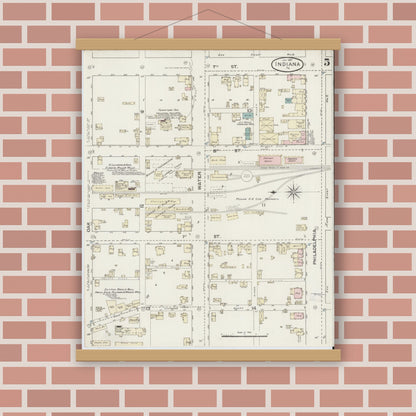 Old map wall art mockup — magnetic wood frame on brick wall — Sanborn Fire Insurance Map from Indiana, Indiana County, Pennsylvania (1887), Sheet #0005