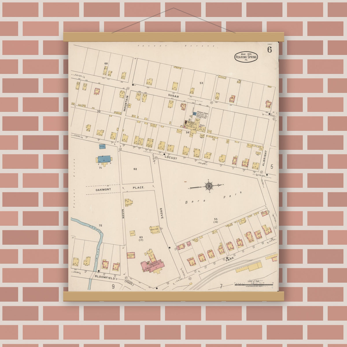 Old map wall art mockup — magnetic wood frame on brick wall — Sanborn Fire Insurance Map from Roaring Spring, Blair County, Pennsylvania (1922), Sheet #0006