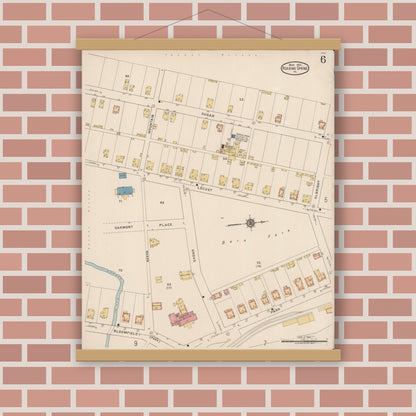 Old map wall art mockup — magnetic wood frame on brick wall — Sanborn Fire Insurance Map from Roaring Spring, Blair County, Pennsylvania (1922), Sheet #0006
