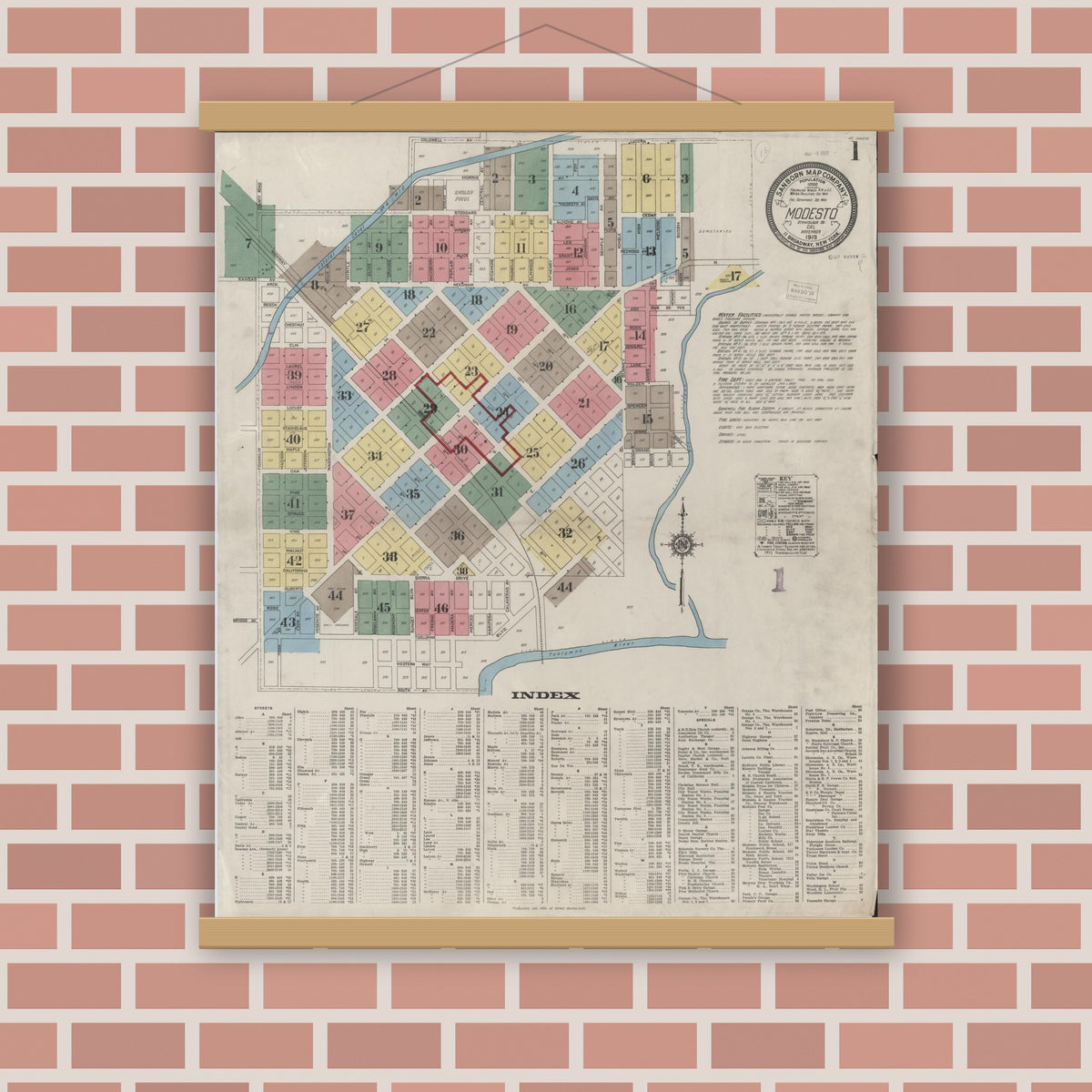 Old map wall art mockup — magnetic wood frame on brick wall — Sanborn Fire Insurance Map from Modesto, Stanislaus County, California (1919) - Complete Map Set