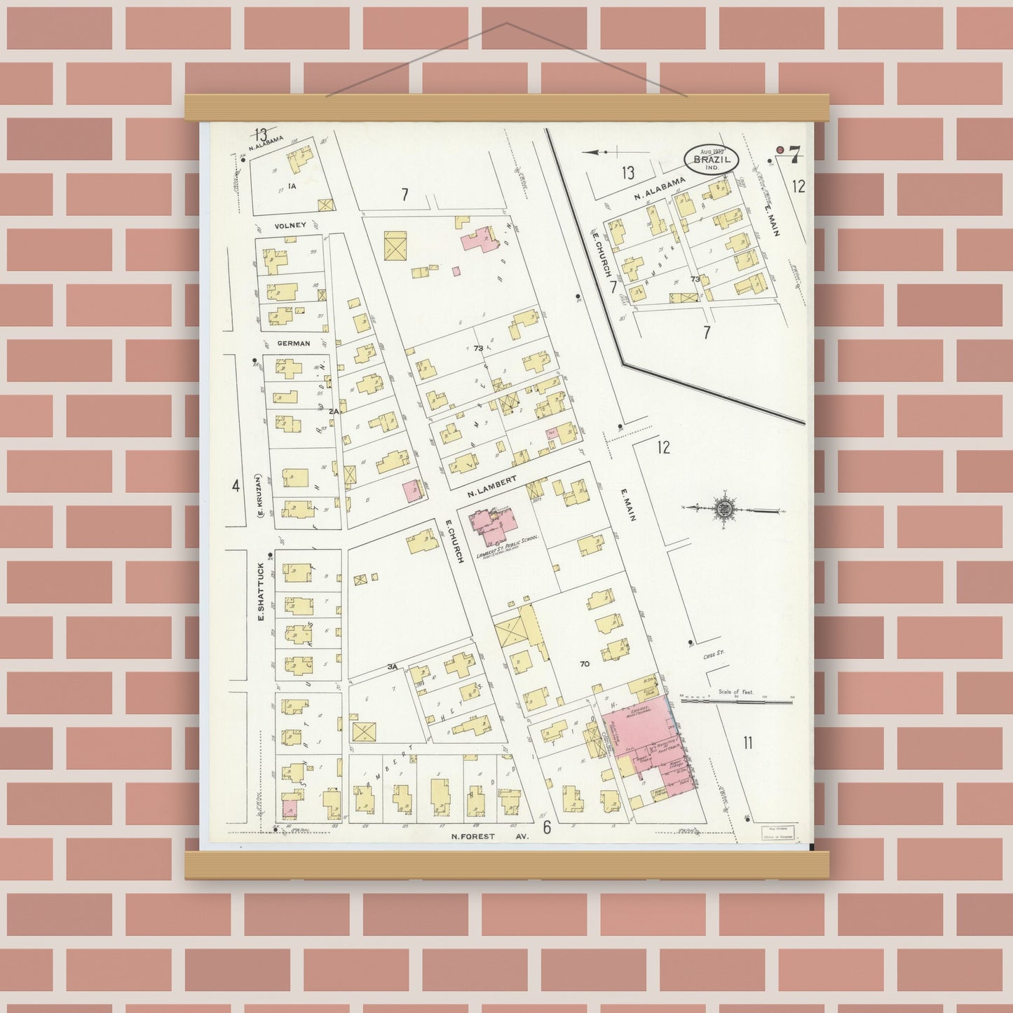 Old map wall art mockup — magnetic wood frame on brick wall — Sanborn Fire Insurance Map from Brazil, Clay County, Indiana (1910), Sheet #0007