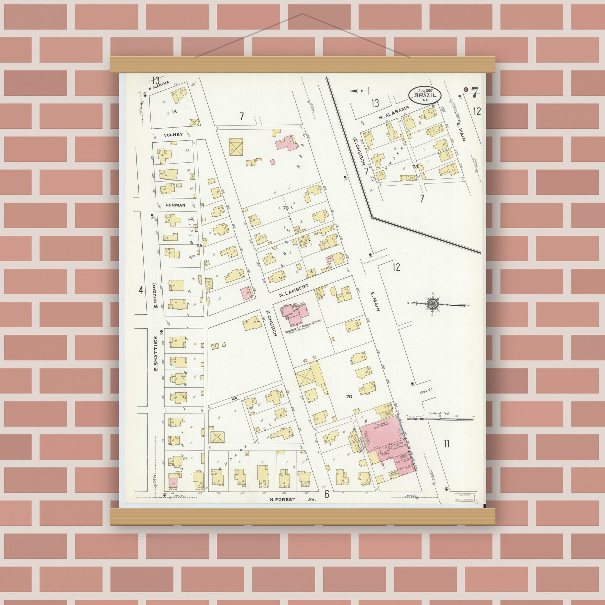 Old map wall art mockup — magnetic wood frame on brick wall — Sanborn Fire Insurance Map from Brazil, Clay County, Indiana (1910), Sheet #0007