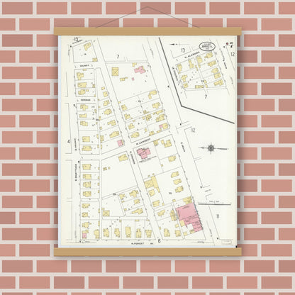 Old map wall art mockup — magnetic wood frame on brick wall — Sanborn Fire Insurance Map from Brazil, Clay County, Indiana (1910), Sheet #0007
