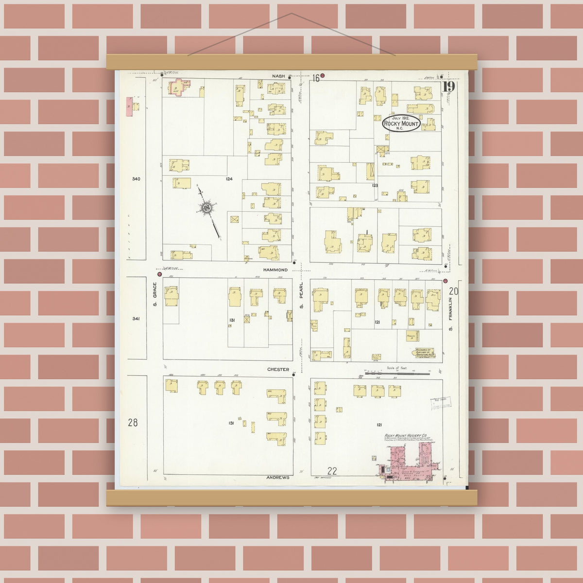 Old map wall art mockup — magnetic wood frame on brick wall — Sanborn Fire Insurance Map from Rocky Mount, Edgecombe And Nash Counties, North Carolina (1912), Sheet #0019