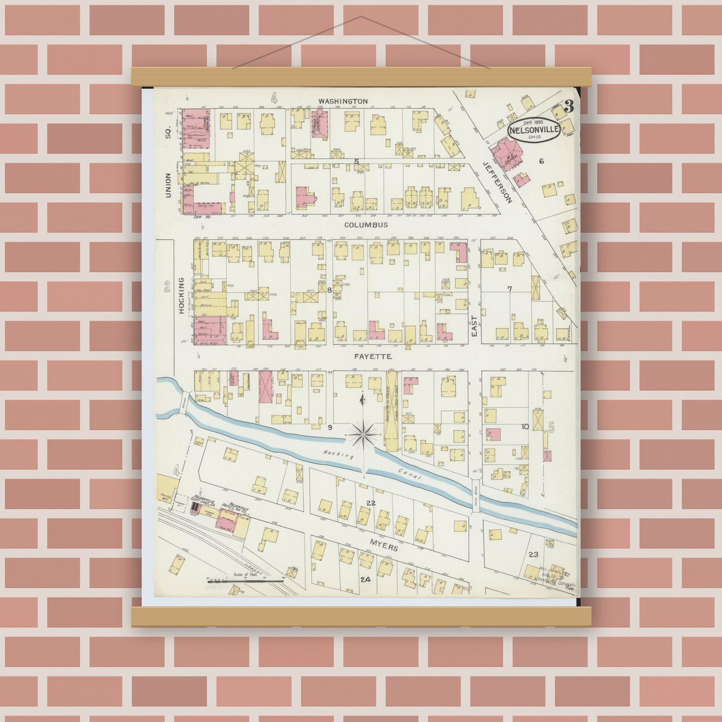 Old map wall art mockup — magnetic wood frame on brick wall — Sanborn Fire Insurance Map from Nelsonville, Athens County, Ohio (1893), Sheet #0003