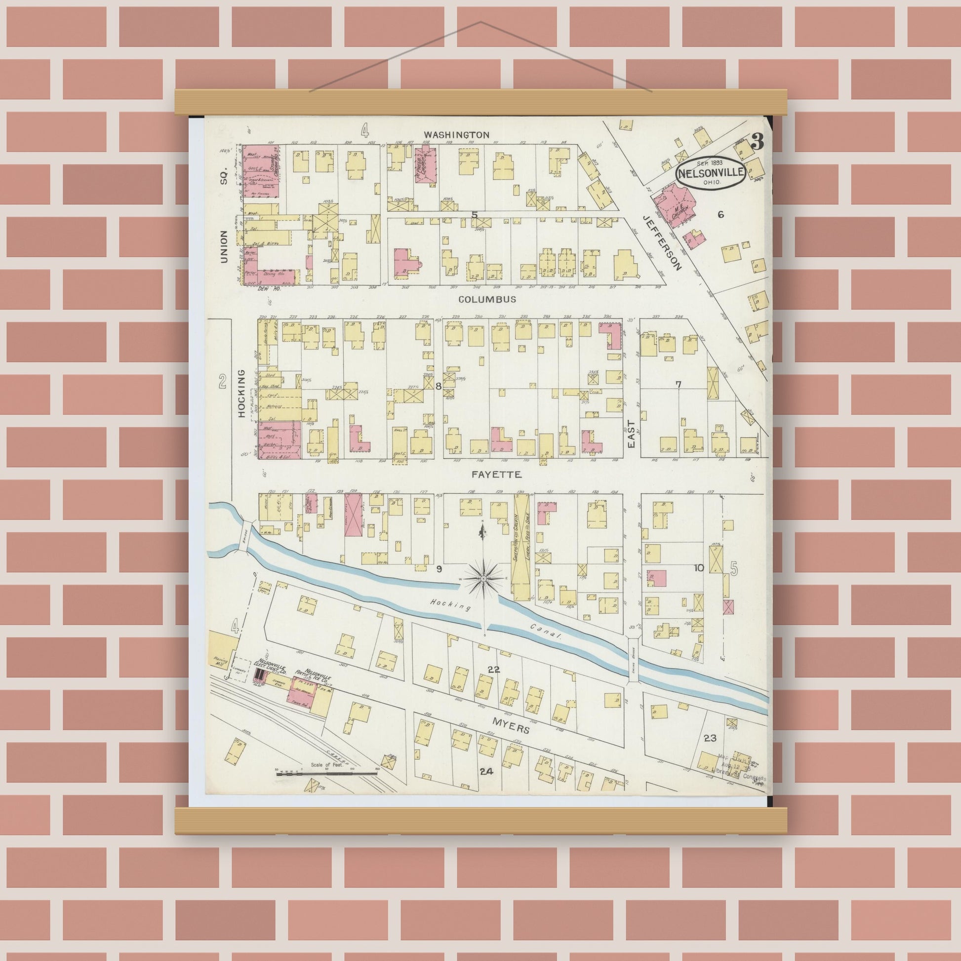 Old map wall art mockup — magnetic wood frame on brick wall — Sanborn Fire Insurance Map from Nelsonville, Athens County, Ohio (1893), Sheet #0003