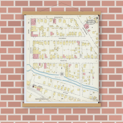 Old map wall art mockup — magnetic wood frame on brick wall — Sanborn Fire Insurance Map from Nelsonville, Athens County, Ohio (1893), Sheet #0003