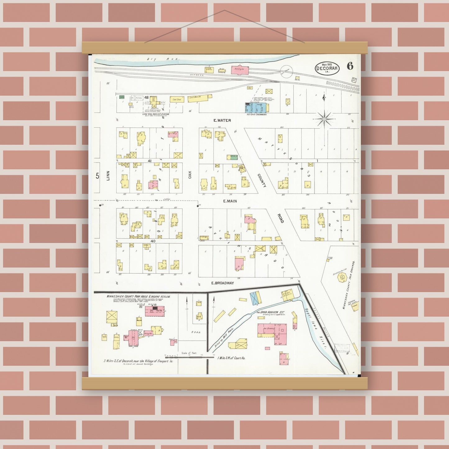 Old map wall art mockup — magnetic wood frame on brick wall — Sanborn Fire Insurance Map from Decorah, Winneshiek County, Iowa (1902), Sheet #0006