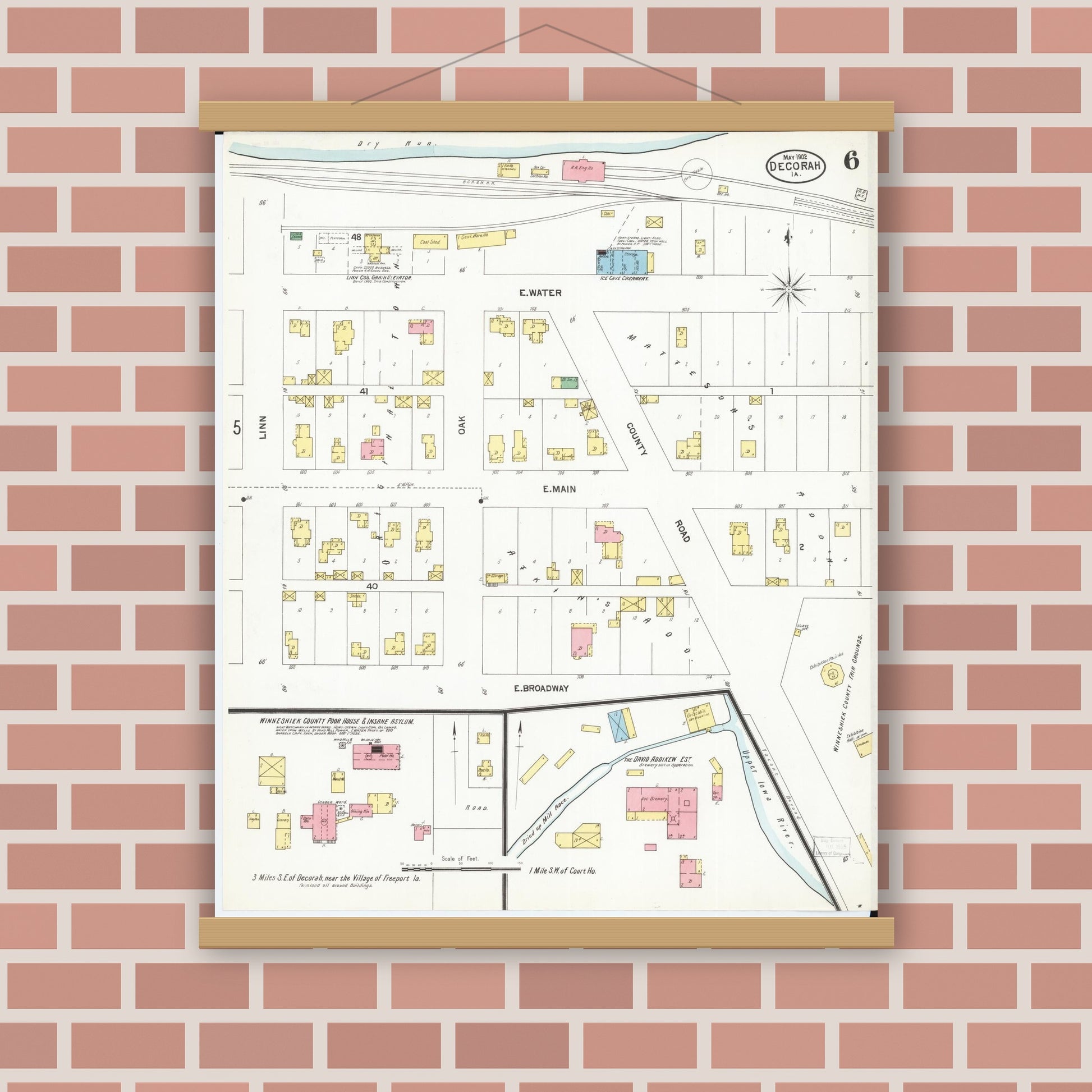Old map wall art mockup — magnetic wood frame on brick wall — Sanborn Fire Insurance Map from Decorah, Winneshiek County, Iowa (1902), Sheet #0006