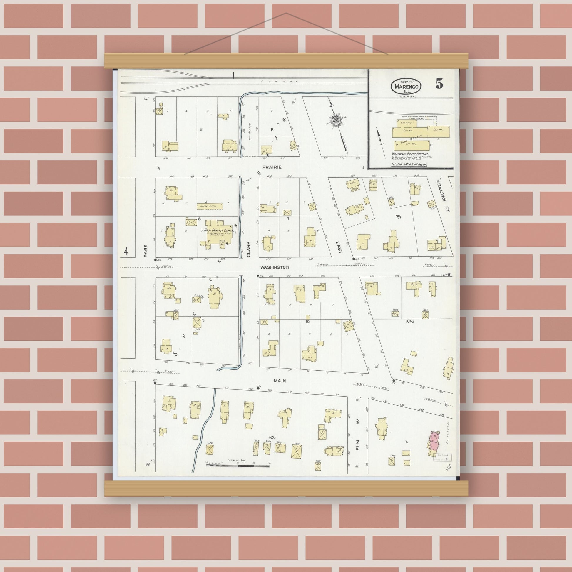Old map wall art mockup — magnetic wood frame on brick wall — Sanborn Fire Insurance Map from Marengo, McHenry County, Illinois (1912), Sheet #0005