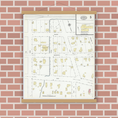 Old map wall art mockup — magnetic wood frame on brick wall — Sanborn Fire Insurance Map from Marengo, McHenry County, Illinois (1912), Sheet #0005