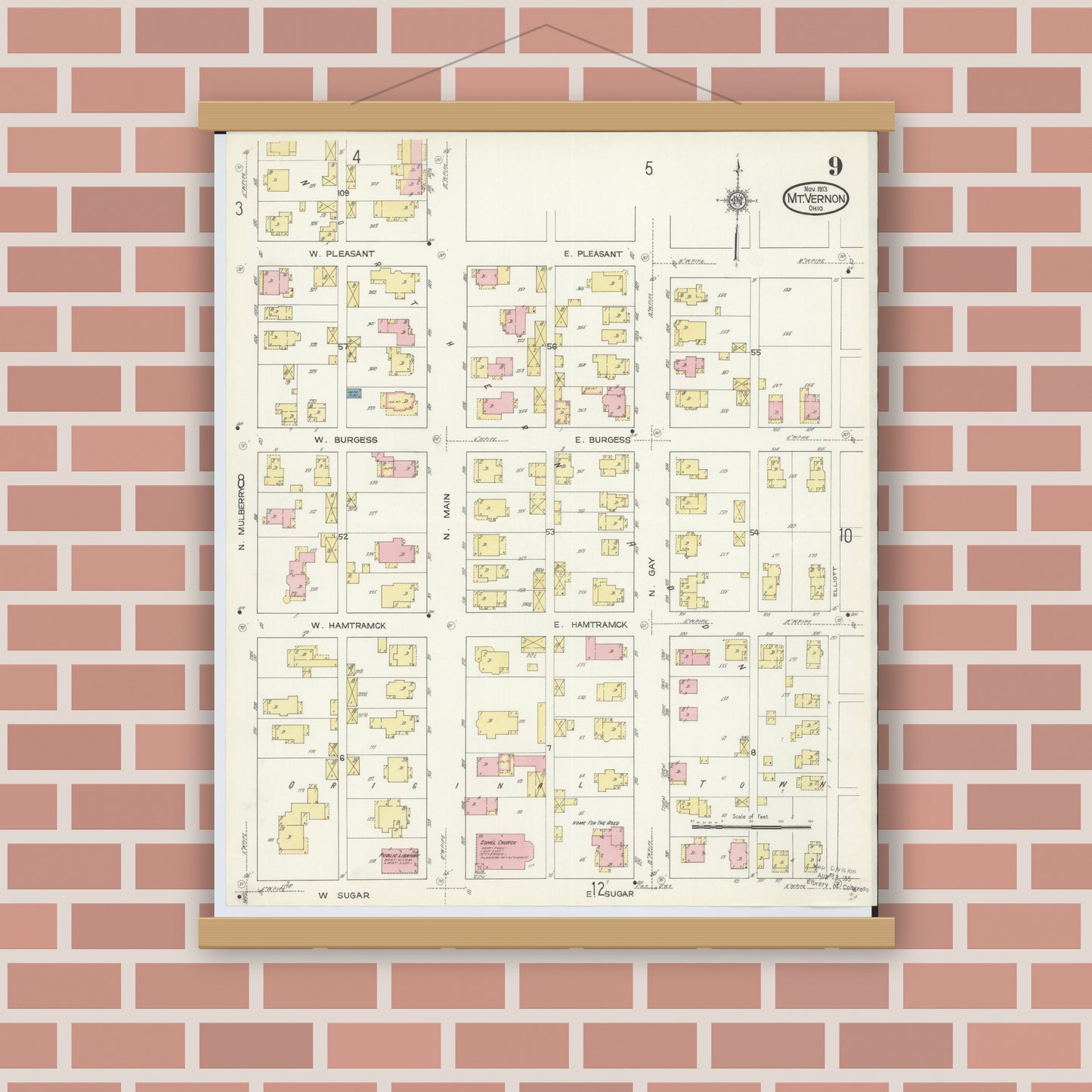 Old map wall art mockup — magnetic wood frame on brick wall — Sanborn Fire Insurance Map from Mount Vernon, Knox County, Ohio (1913), Sheet #0009