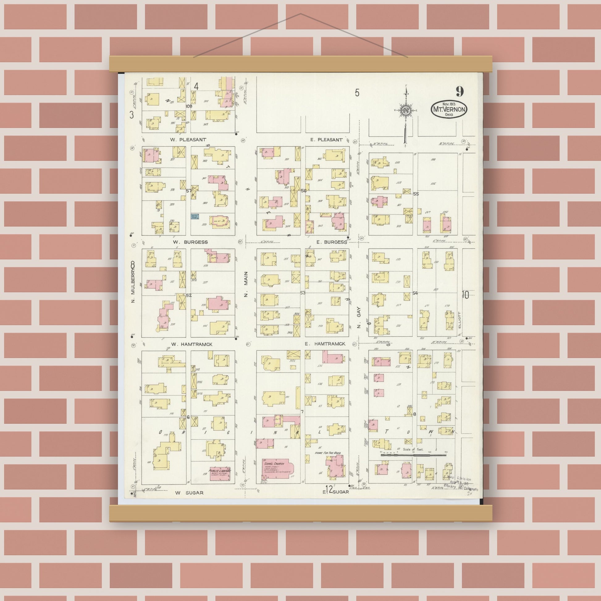 Old map wall art mockup — magnetic wood frame on brick wall — Sanborn Fire Insurance Map from Mount Vernon, Knox County, Ohio (1913), Sheet #0009