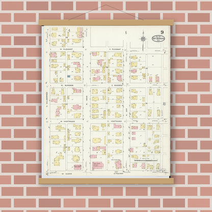 Old map wall art mockup — magnetic wood frame on brick wall — Sanborn Fire Insurance Map from Mount Vernon, Knox County, Ohio (1913), Sheet #0009