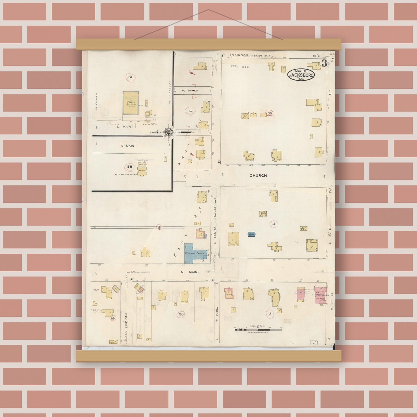 Old map wall art mockup — magnetic wood frame on brick wall — Sanborn Fire Insurance Map from Jacksboro, Jack County, Texas (1942), Sheet #0003
