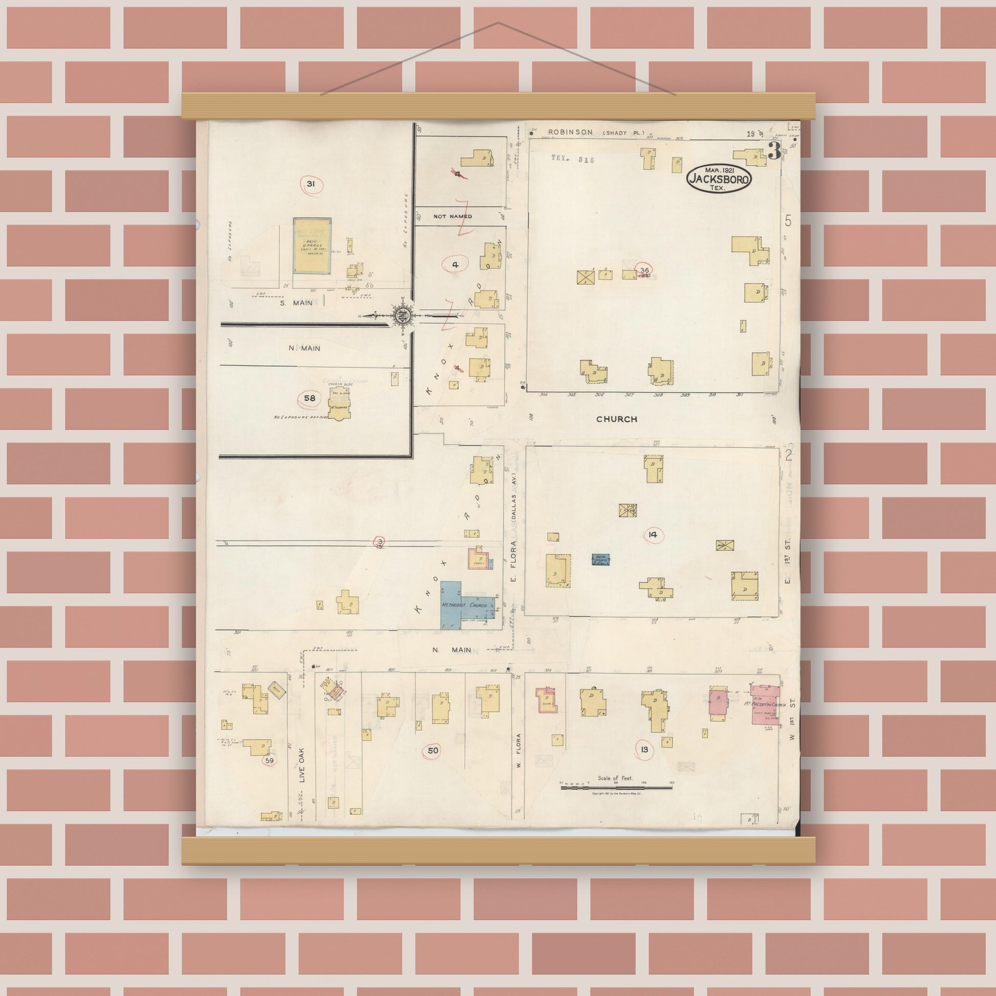 Old map wall art mockup — magnetic wood frame on brick wall — Sanborn Fire Insurance Map from Jacksboro, Jack County, Texas (1942), Sheet #0003