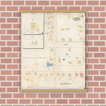 Old map wall art mockup — magnetic wood frame on brick wall — Sanborn Fire Insurance Map from Jacksboro, Jack County, Texas (1942), Sheet #0003