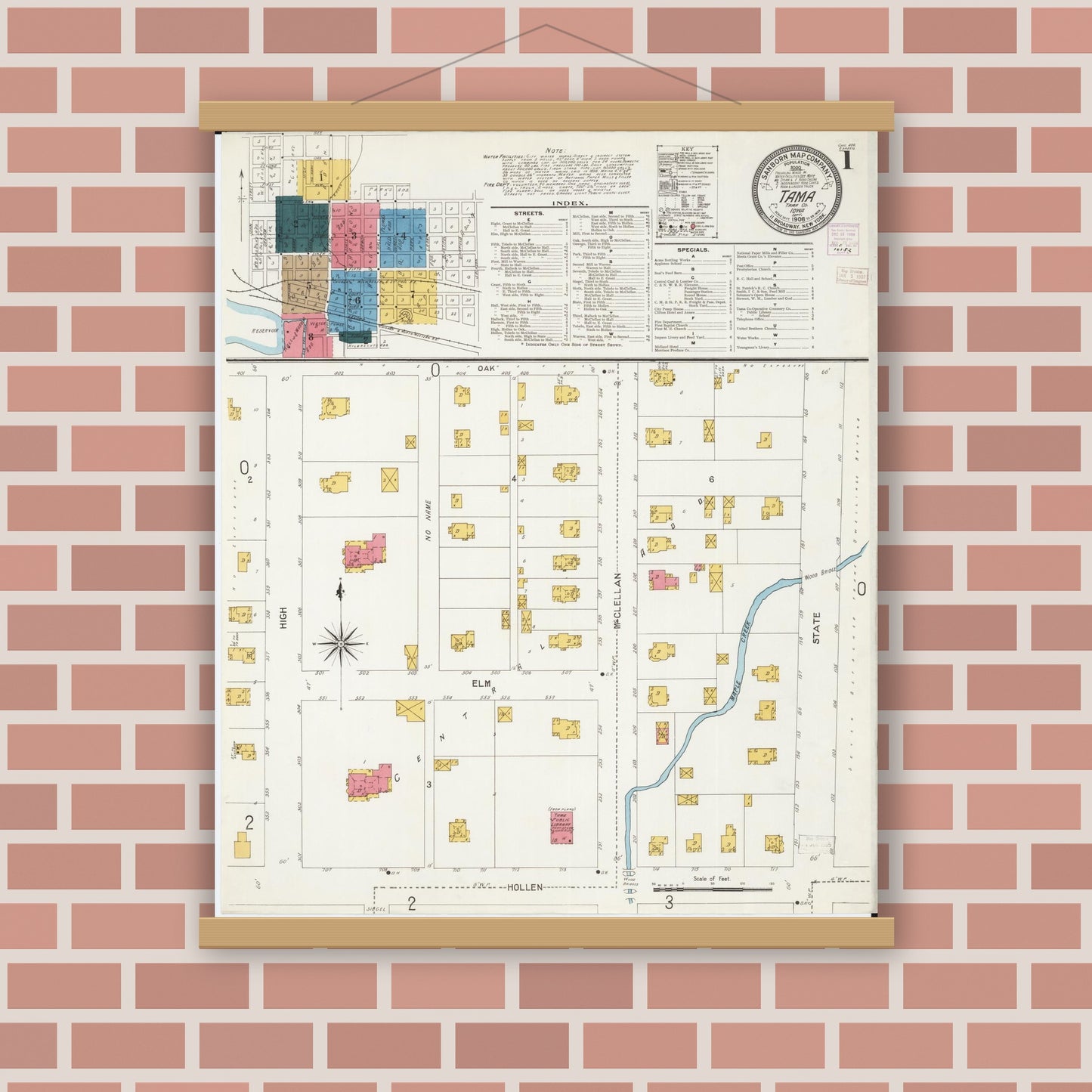Old map wall art mockup — magnetic wood frame on brick wall — Sanborn Fire Insurance Map from Tama, Tama County, Iowa (1906) â€” Complete Set