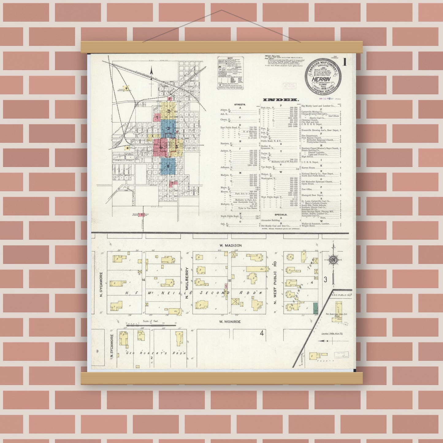 Old map wall art mockup — magnetic wood frame on brick wall — Sanborn Fire Insurance Map from Herrin, Williamson County, Illinois (1909) - Complete Map Set