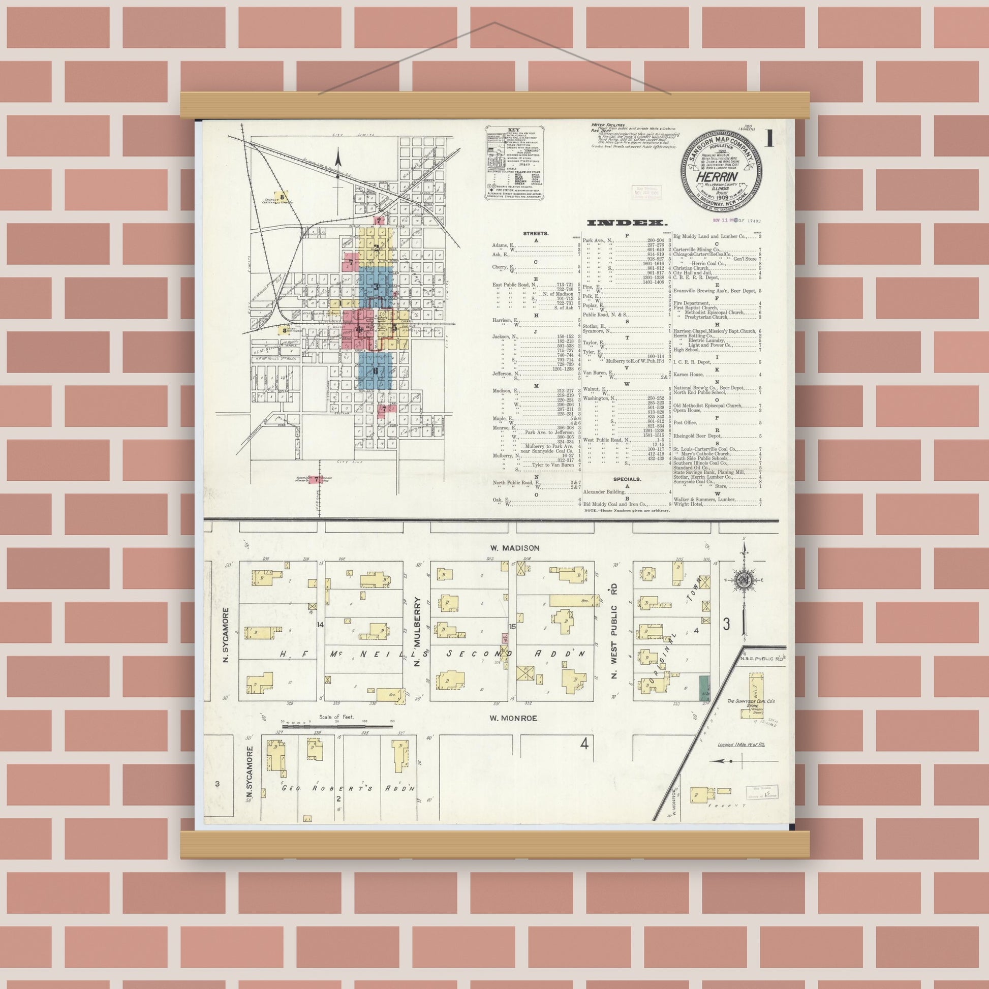 Old map wall art mockup — magnetic wood frame on brick wall — Sanborn Fire Insurance Map from Herrin, Williamson County, Illinois (1909) - Complete Map Set