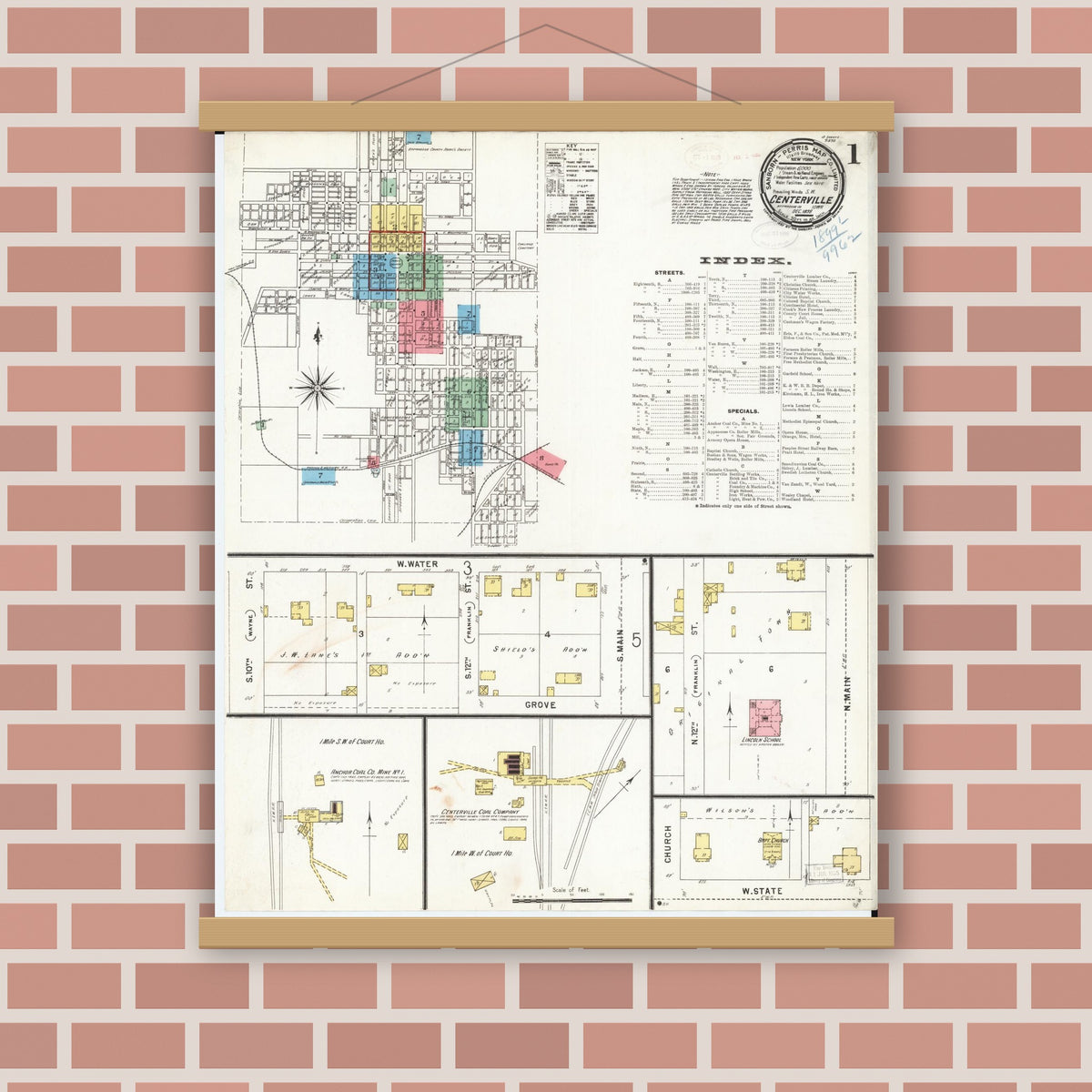 Old map wall art mockup — magnetic wood frame on brick wall — Sanborn Fire Insurance Map from Centerville, Appanoose County, Iowa (1898) â€” Complete Set
