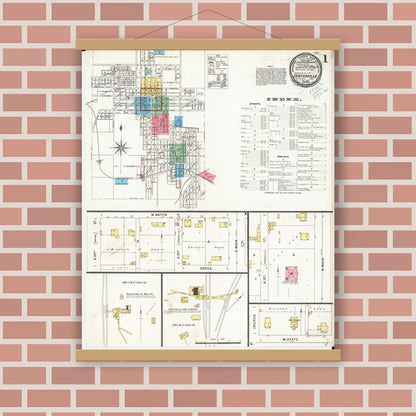 Old map wall art mockup — magnetic wood frame on brick wall — Sanborn Fire Insurance Map from Centerville, Appanoose County, Iowa (1898) â€” Complete Set