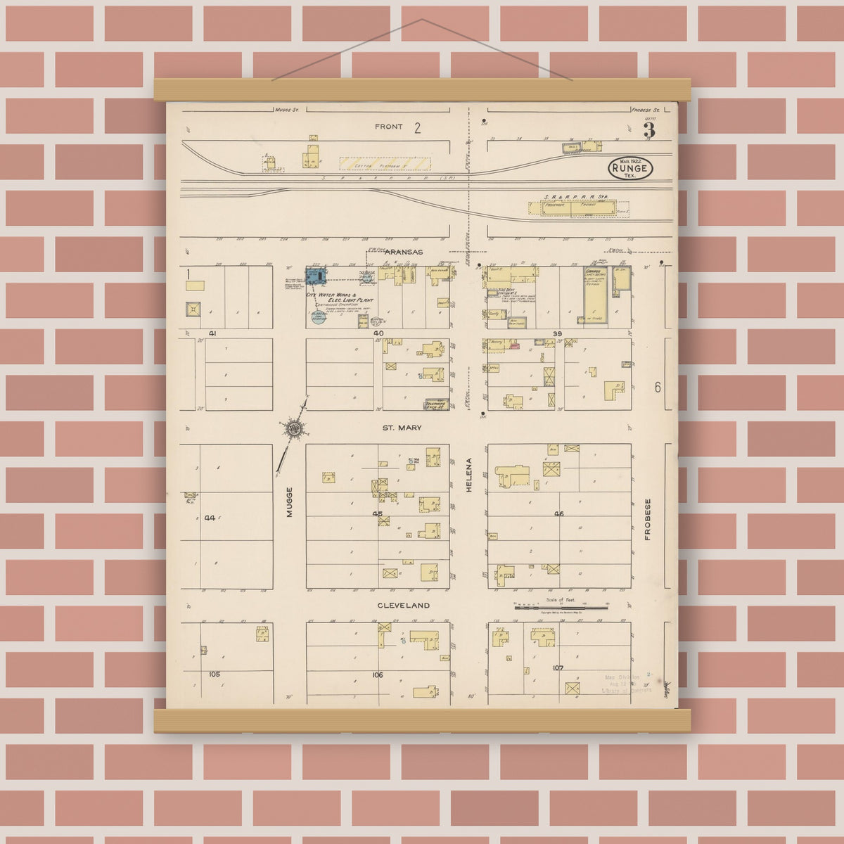 Old map wall art mockup — magnetic wood frame on brick wall — Sanborn Fire Insurance Map from Runge, Karnes County, Texas (1922), Sheet #0003
