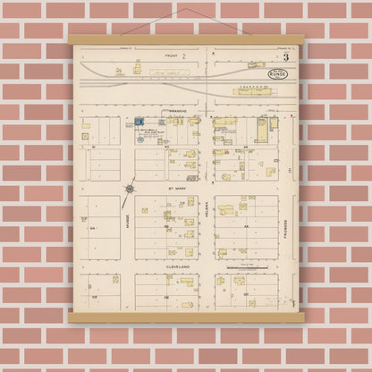 Old map wall art mockup — magnetic wood frame on brick wall — Sanborn Fire Insurance Map from Runge, Karnes County, Texas (1922), Sheet #0003