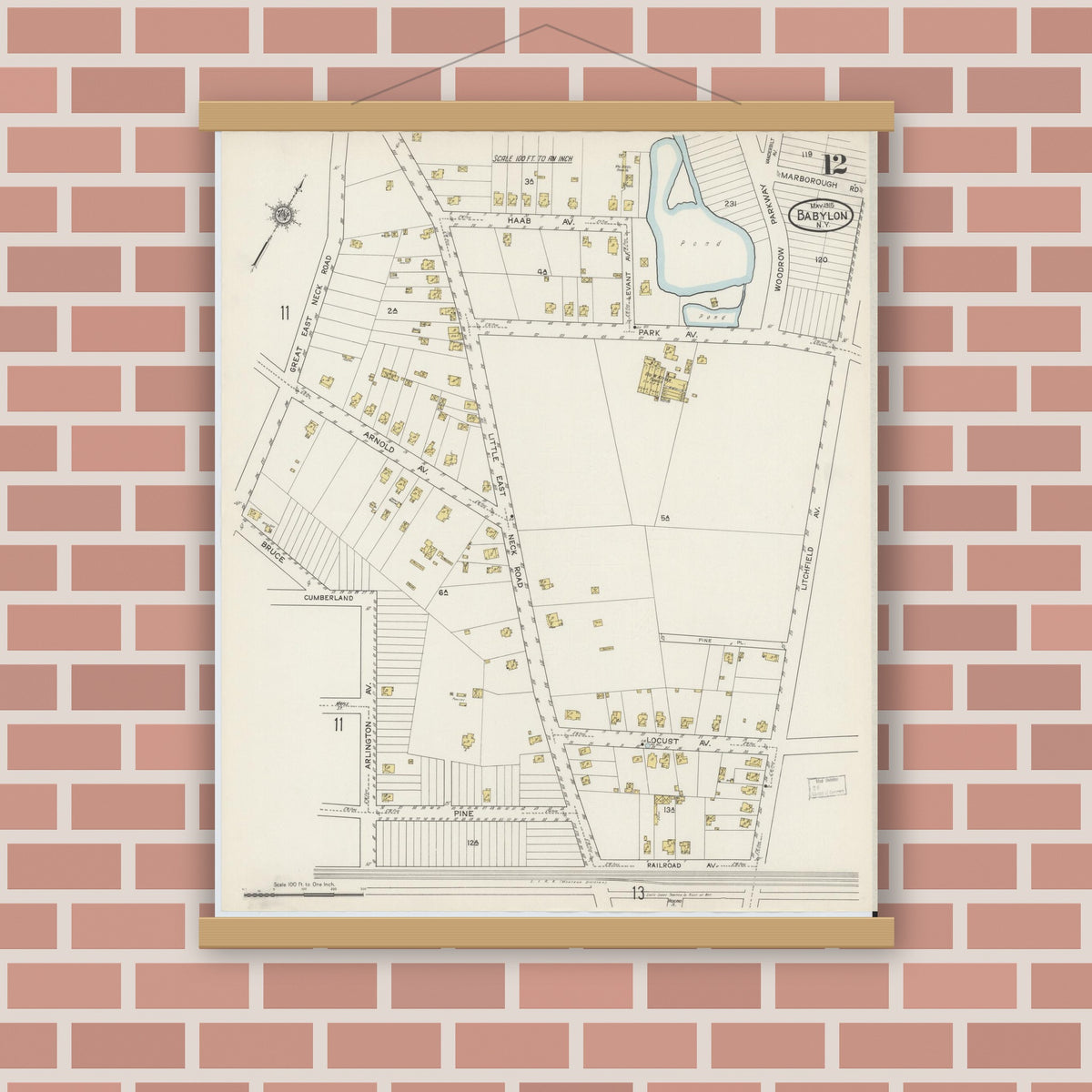 Old map wall art mockup — magnetic wood frame on brick wall — Sanborn Fire Insurance Map from Babylon, Suffolk County, New York (1915), Sheet #0012