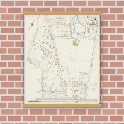 Old map wall art mockup — magnetic wood frame on brick wall — Sanborn Fire Insurance Map from Babylon, Suffolk County, New York (1915), Sheet #0012
