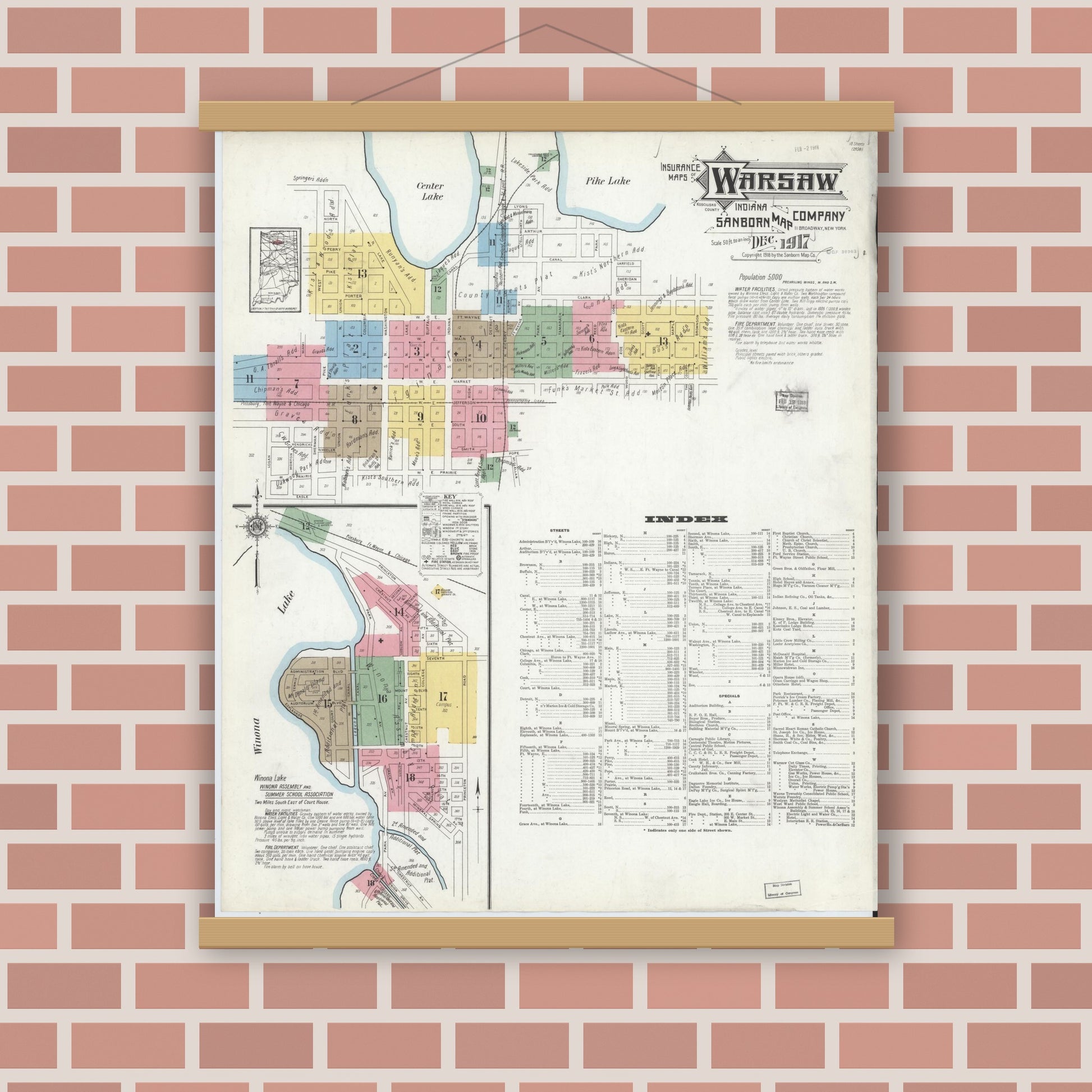Old map wall art mockup — magnetic wood frame on brick wall — Sanborn Fire Insurance Map from Warsaw, Kosciusko County, Indiana (1917) - Complete Map Set