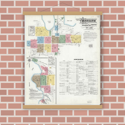Old map wall art mockup — magnetic wood frame on brick wall — Sanborn Fire Insurance Map from Warsaw, Kosciusko County, Indiana (1917) - Complete Map Set