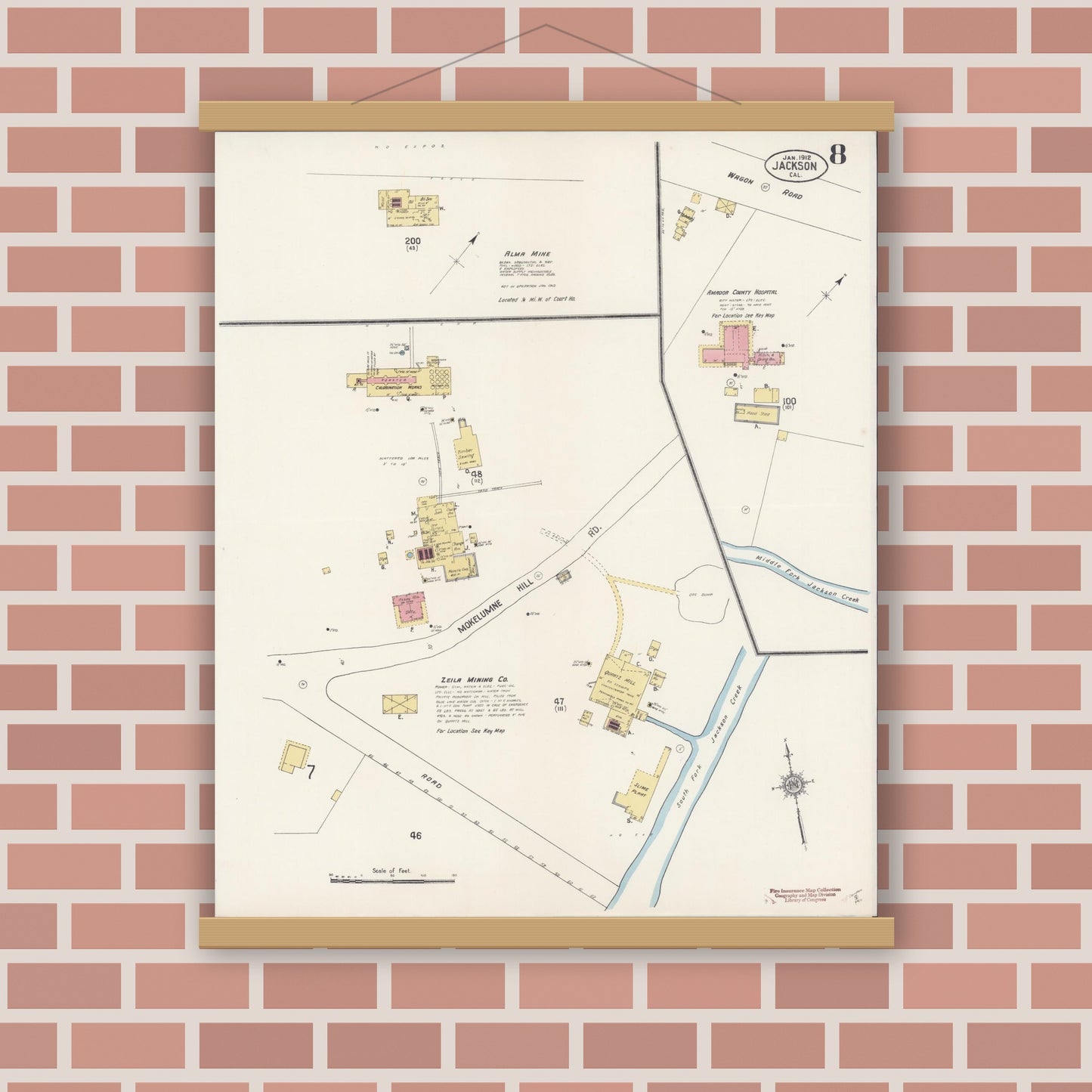 Old map wall art mockup — magnetic wood frame on brick wall — Sanborn Fire Insurance Map from Jackson, Amador County, California (1912), Sheet #0008