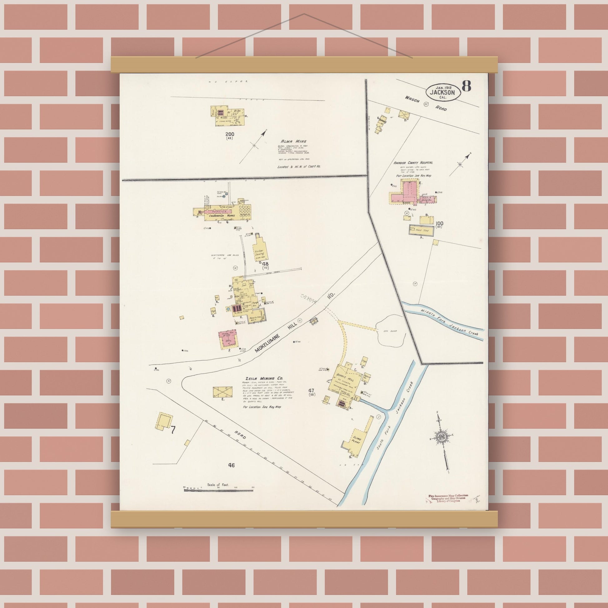 Old map wall art mockup — magnetic wood frame on brick wall — Sanborn Fire Insurance Map from Jackson, Amador County, California (1912), Sheet #0008