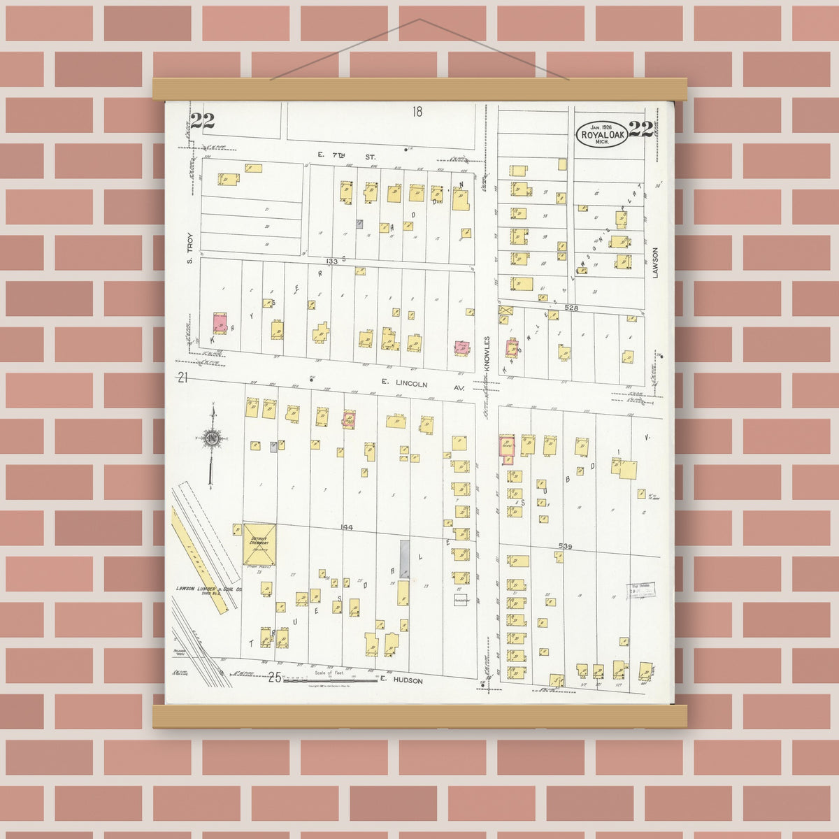 Old map wall art mockup — magnetic wood frame on brick wall — Sanborn Fire Insurance Map from Royal Oak, Oakland County, Michigan (1926), Sheet #0022